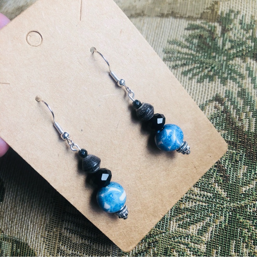 Handcrafted art clay bead faceted jet crystal dangle earrings